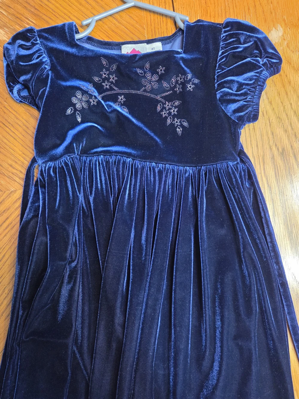 Navy Velvet Girls' Dress with Floral Embroidery